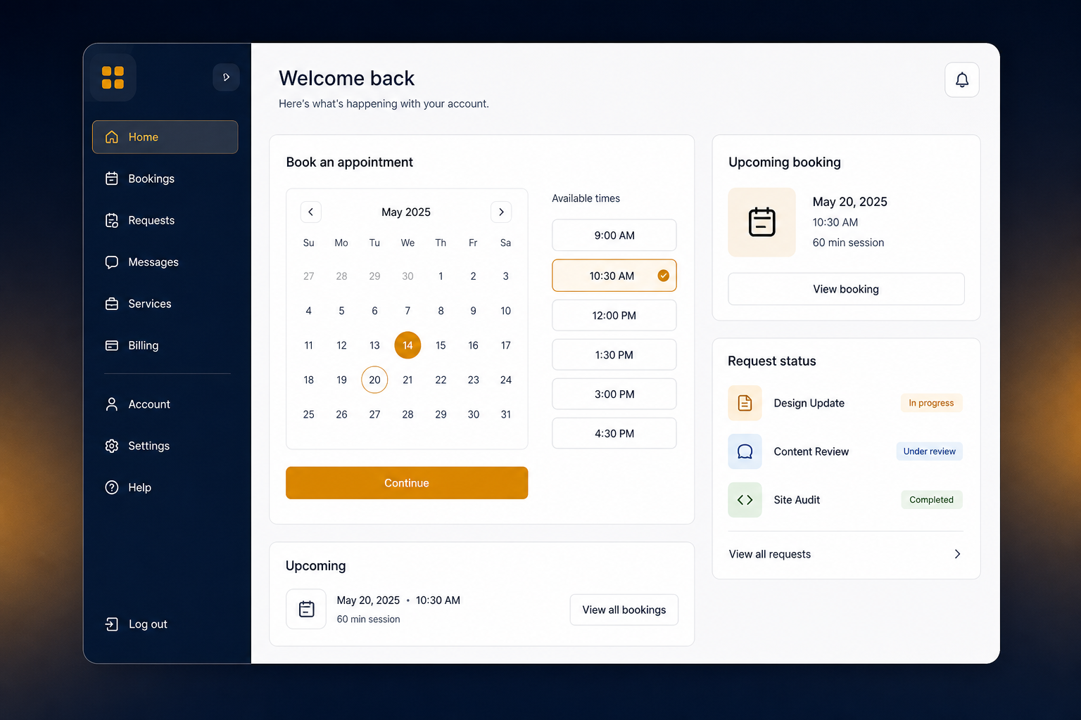 Concept booking and client portal showing a calendar, appointment times, upcoming booking, and request statuses