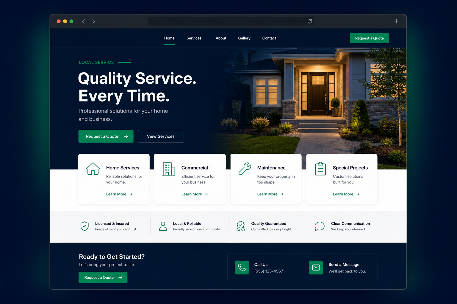 Concept interface for a responsive local service business website with service cards and quote calls to action